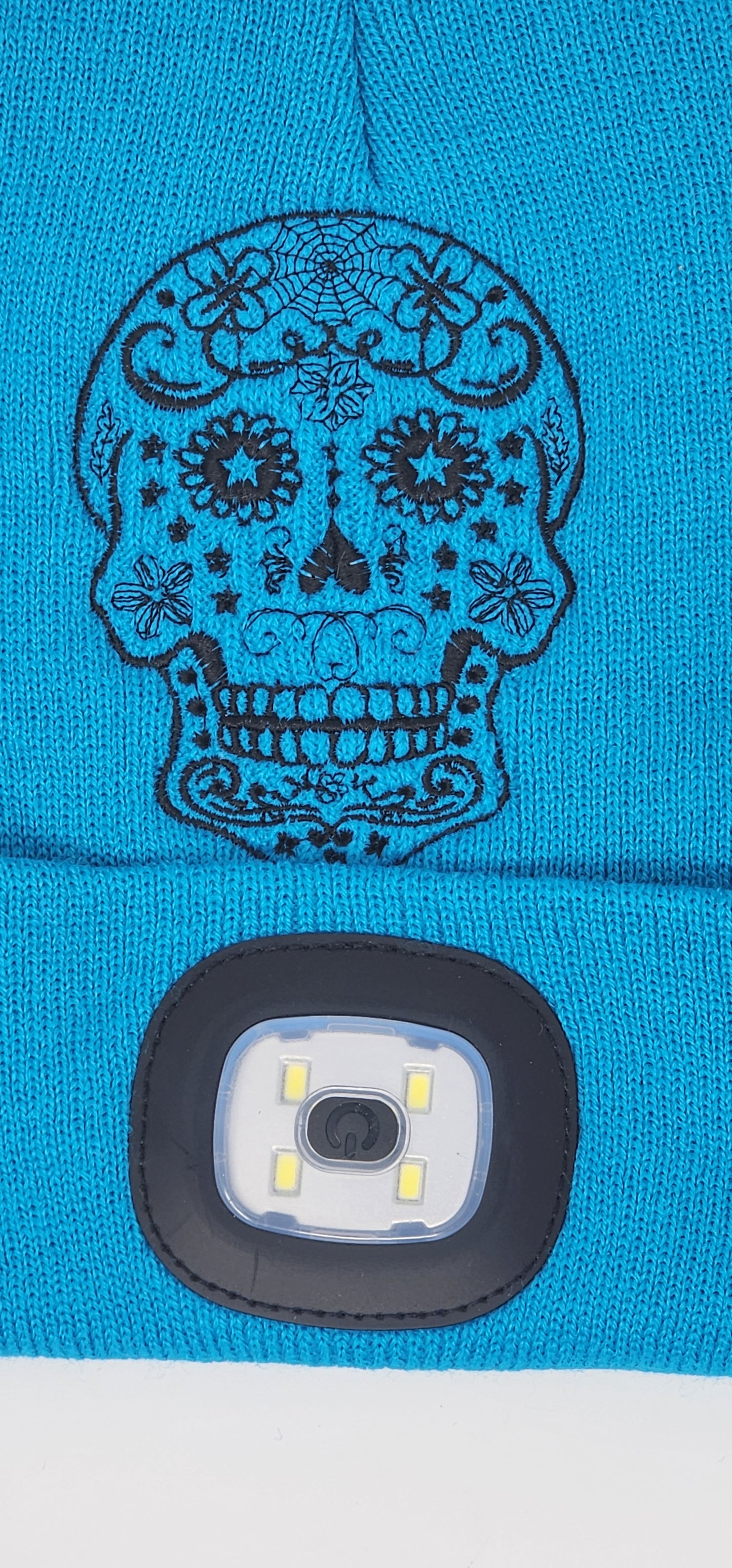 Embroidered Sugar Skull Beanie with rechargeable light| Embroidered Hat | Camping | Walking | Hiking | Jogging | Night Shift