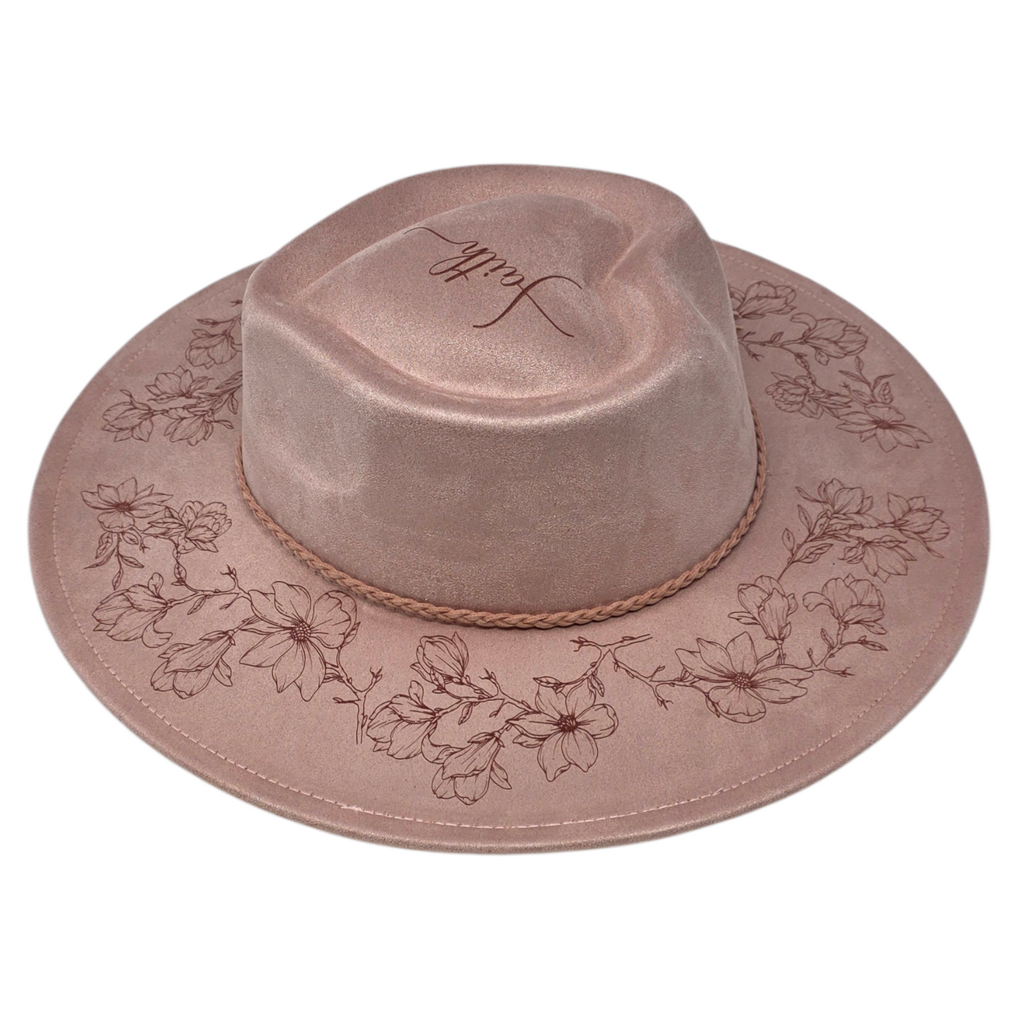 Dusty Pink Vegan Suede Wide Brim Hat - Laser Engraved Magnolia