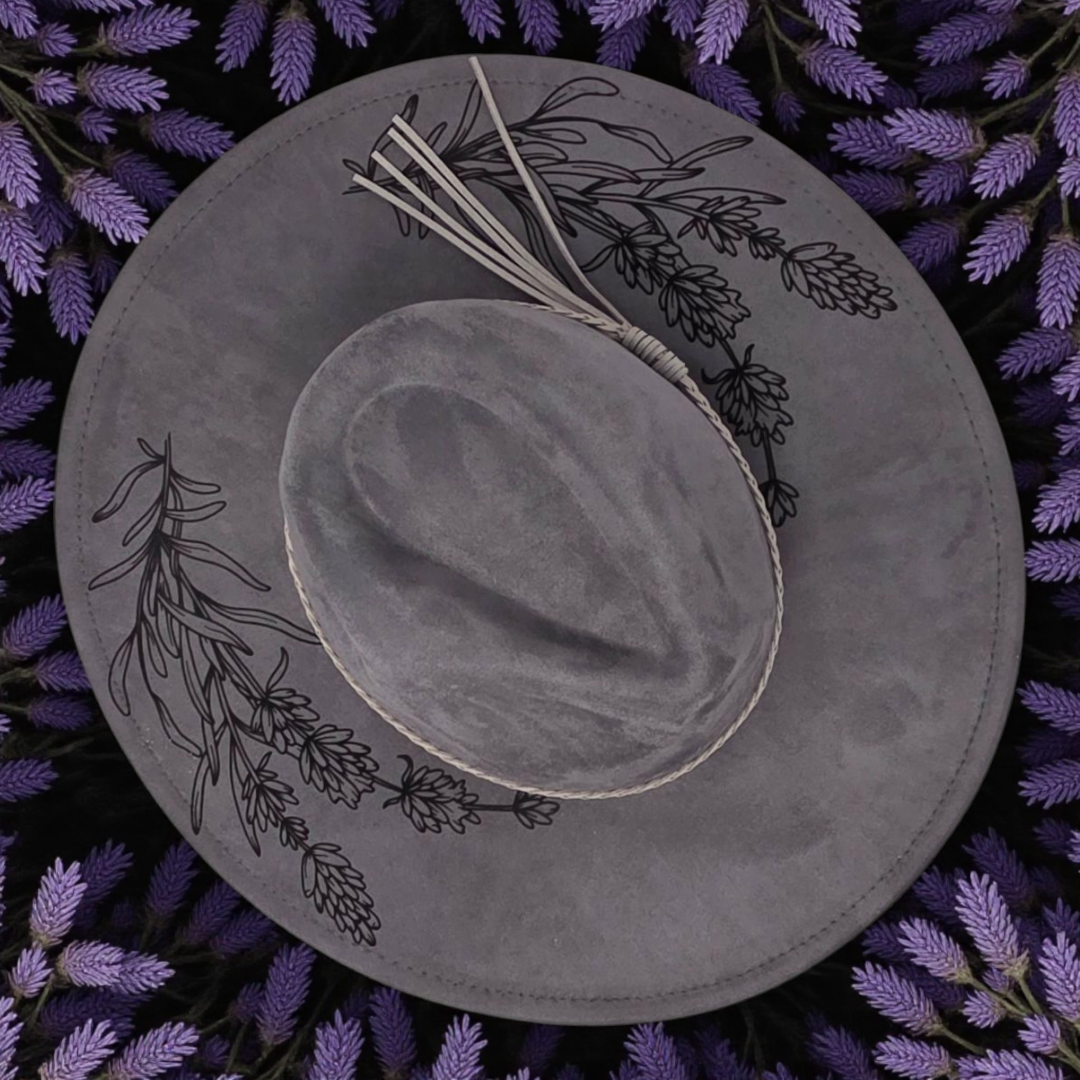 Vegan Suede Lavender Floral Rancher Style Cowboy Hat Wide Flat Brim