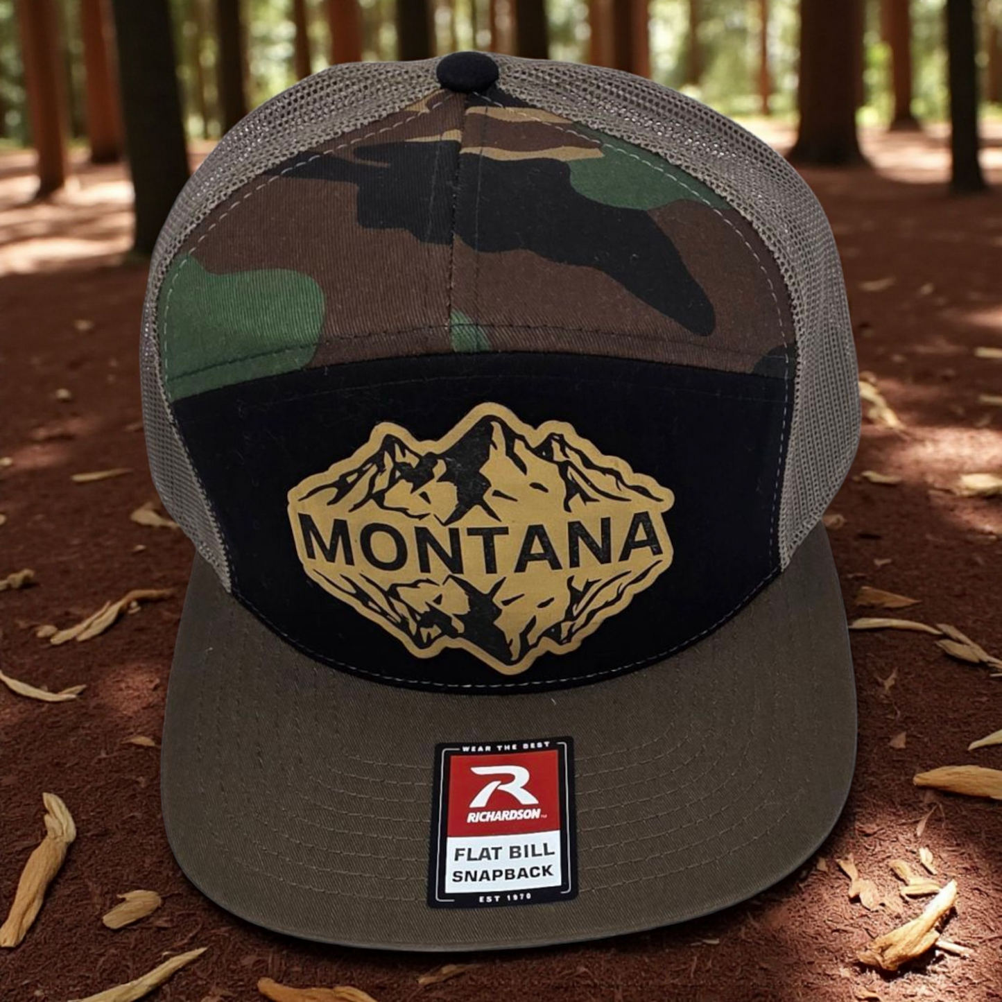 Rugged Richardson Flat Bill Snapback Hat with Laser-Engraved Montana Mountain Reflection