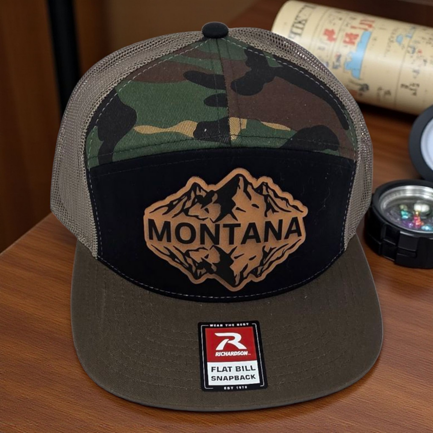 Rugged Richardson Flat Bill Snapback Hat with Laser-Engraved Montana Mountain Reflection