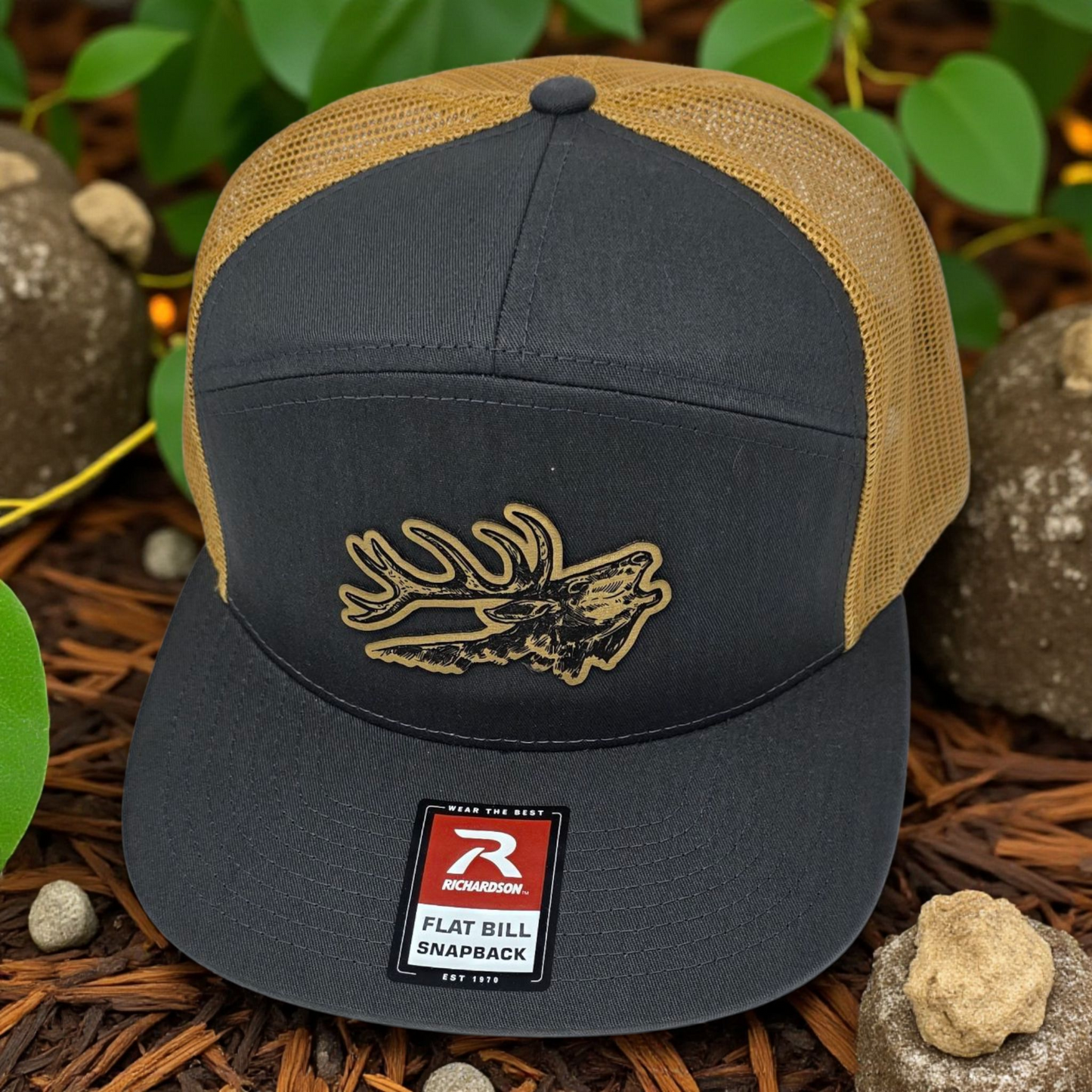 Richardson Flat Bill Snapback Hat with Laser-Engraved Bugling Elk Patch