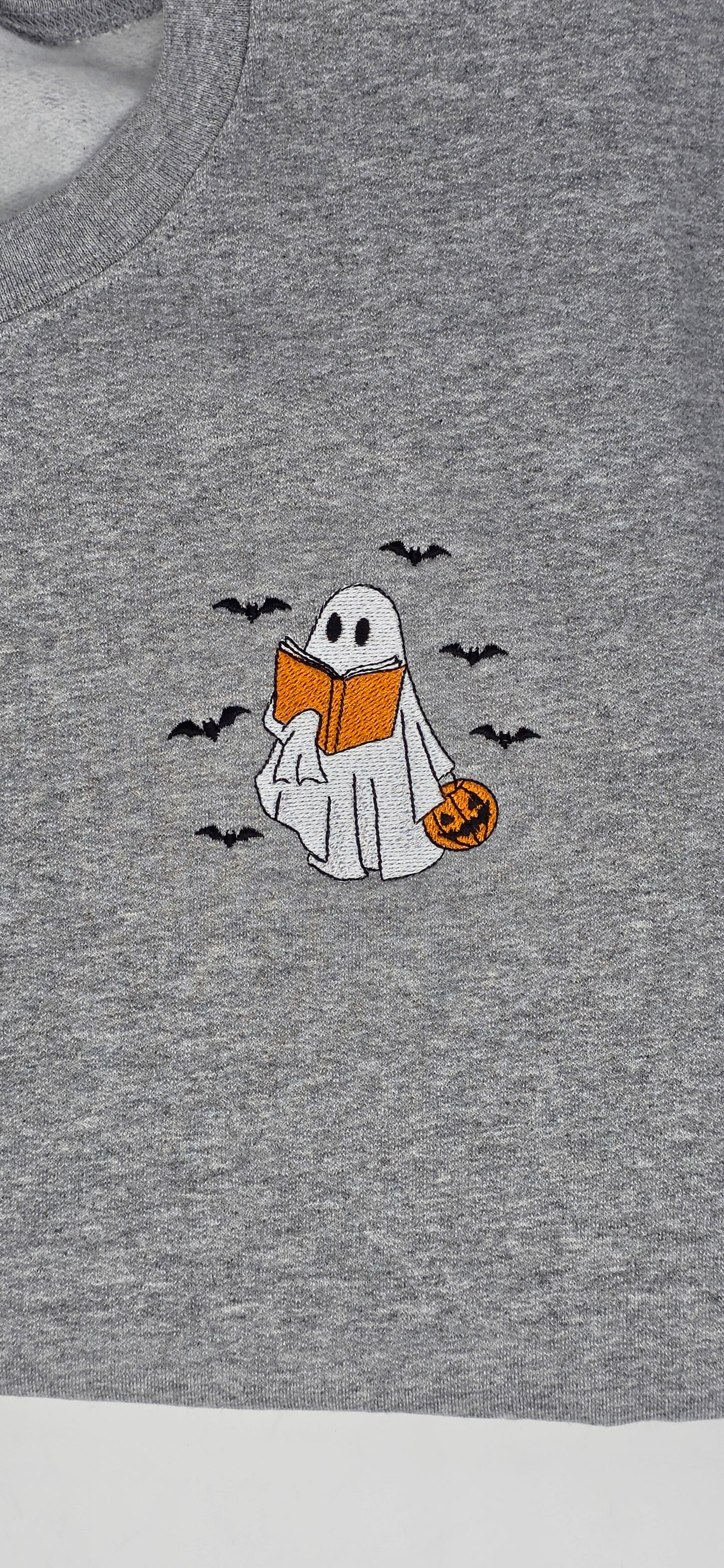 Ghost Reading Book Crewneck Sweatshirt with Bats | Cozy Halloween Fall Sweatshirt