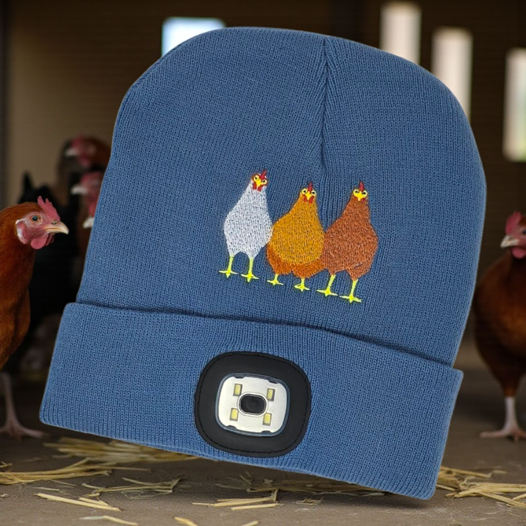 Embroidered Chickens Beanie with rechargeable light| Embroidered Hat | Camping | Walking | Hiking | Jogging | Night Shift
