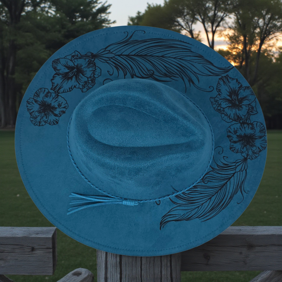 Vegan Suede Wide Brim Hat - Laser Engraved Floral & Feather Boho Western