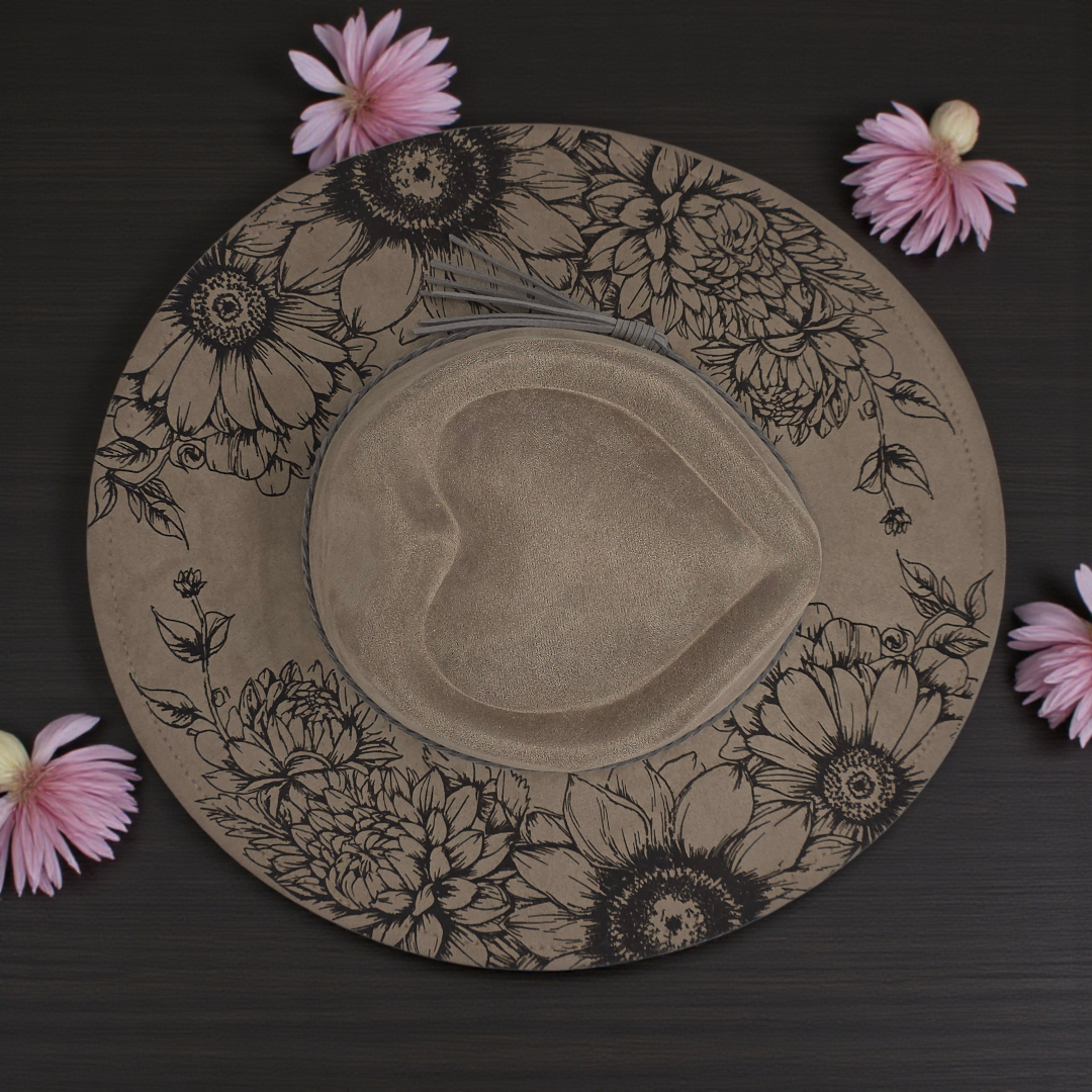 Sunflower Vegan Suede Wide Brim Hat - Laser Engraved Floral Boho Western
