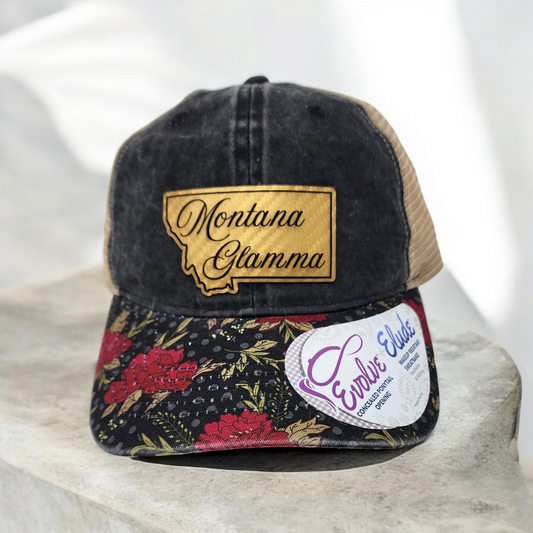 Montana Glamma Black/Floral/Khaki Ponytail Cap with Gold/Black Laser Engraved Patch