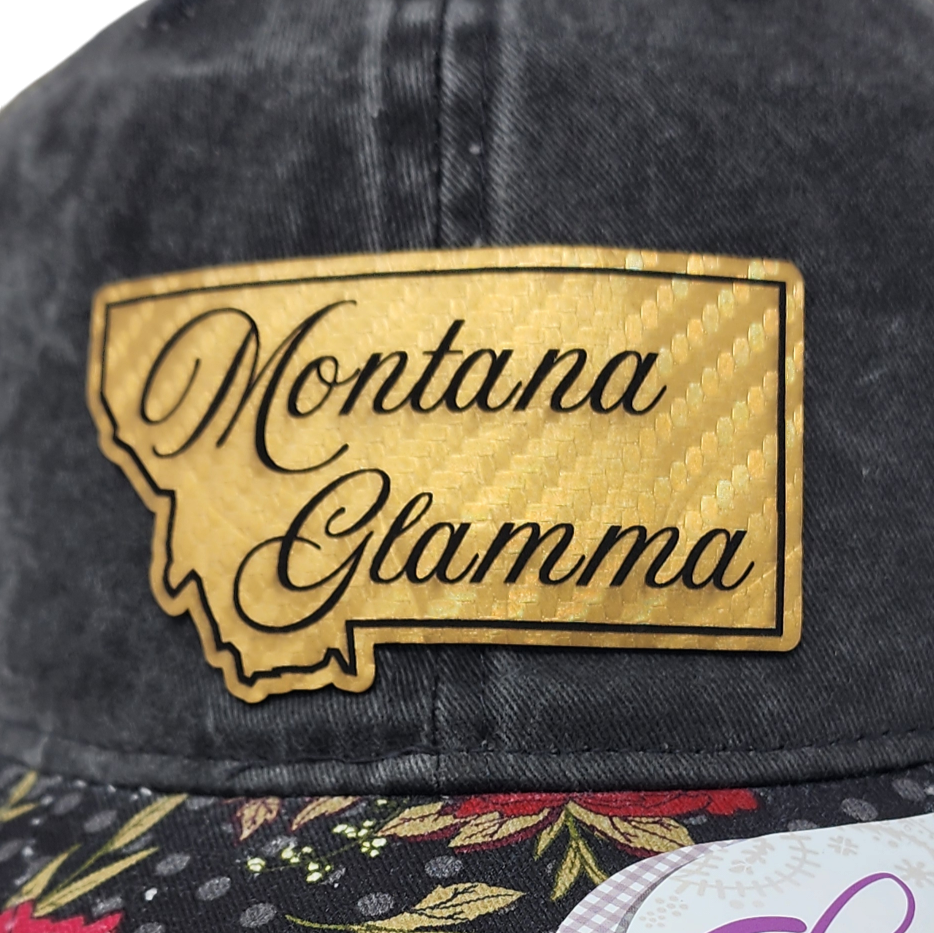 Montana Glamma Black/Floral/Khaki Ponytail Cap with Gold/Black Laser Engraved Patch
