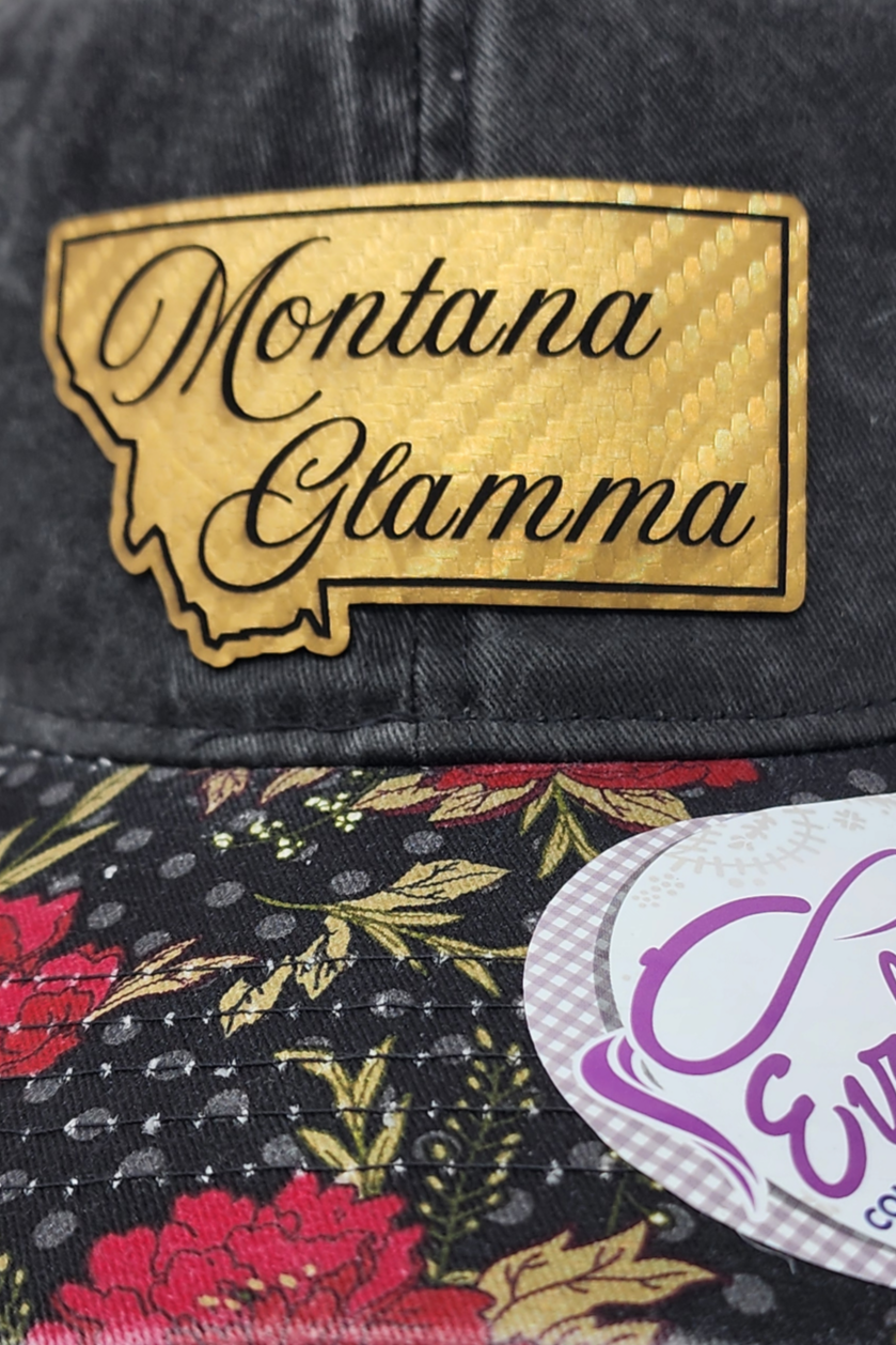 Montana Glamma Black/Floral/Khaki Ponytail Cap with Gold/Black Laser Engraved Patch