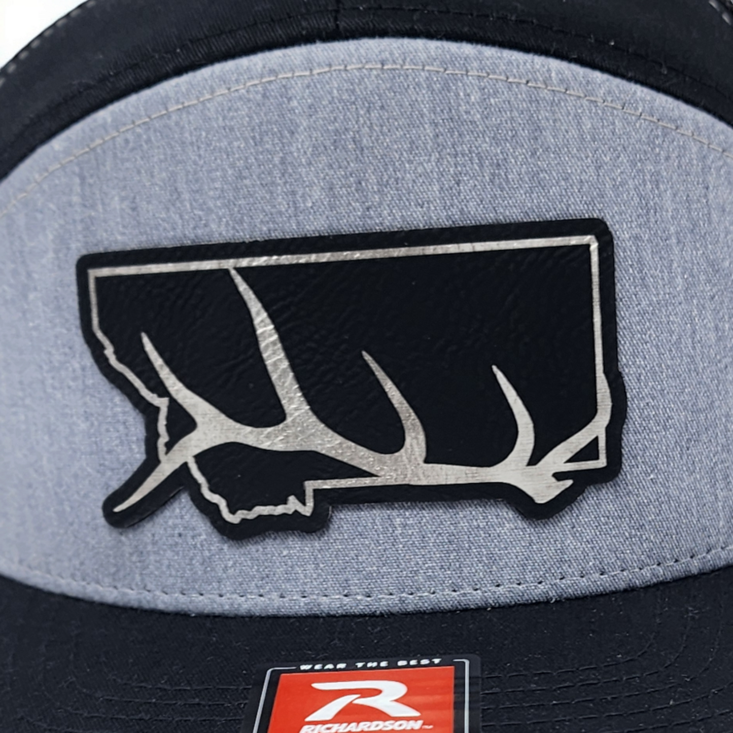 Montana Elk Antler Laser Engraved Black/Silver Patch on Richardson Flat Bill Snapback