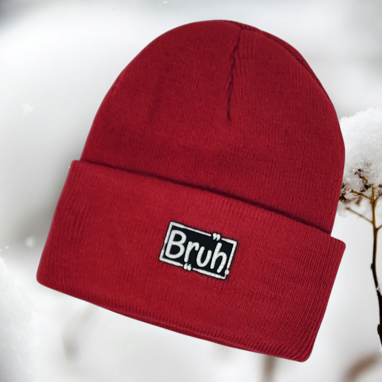 Kids Winter Knit Hat "Bruh" Black Leatherette Patch