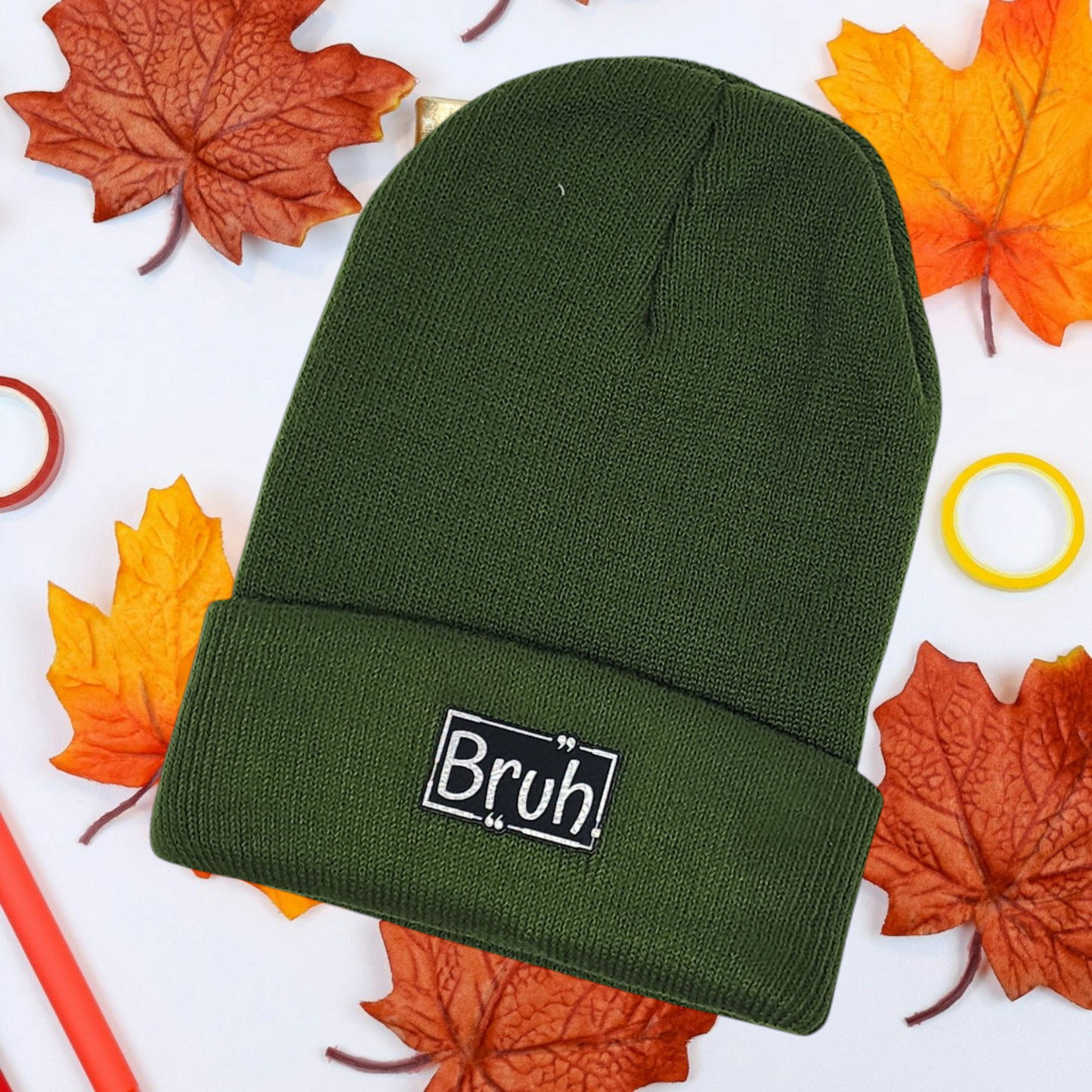 Kids Winter Knit Hat "Bruh" Black Leatherette Patch