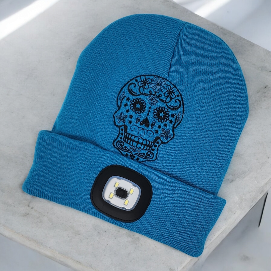Embroidered Sugar Skull Beanie with rechargeable light| Embroidered Hat | Camping | Walking | Hiking | Jogging | Night Shift