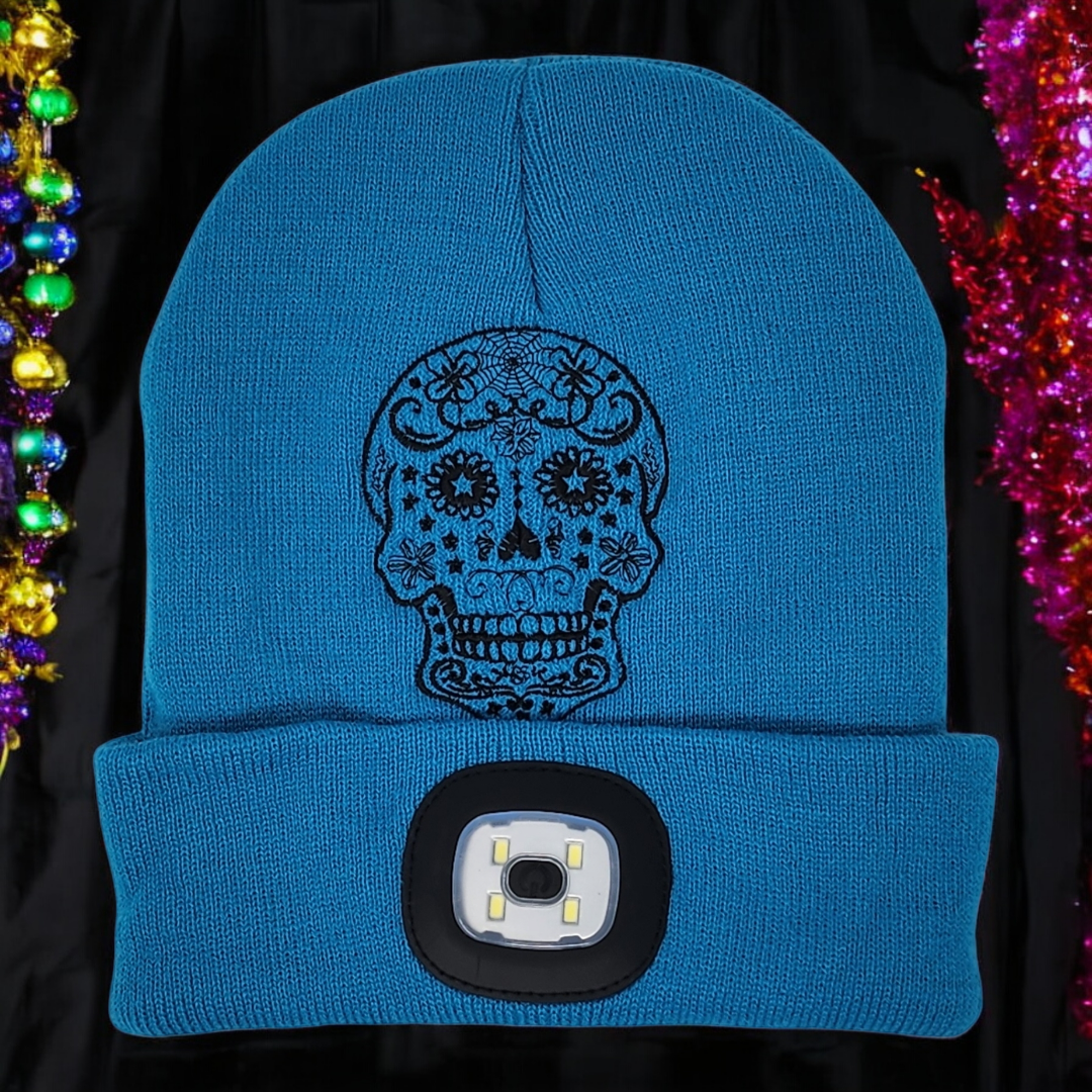 Embroidered Sugar Skull Beanie with rechargeable light| Embroidered Hat | Camping | Walking | Hiking | Jogging | Night Shift