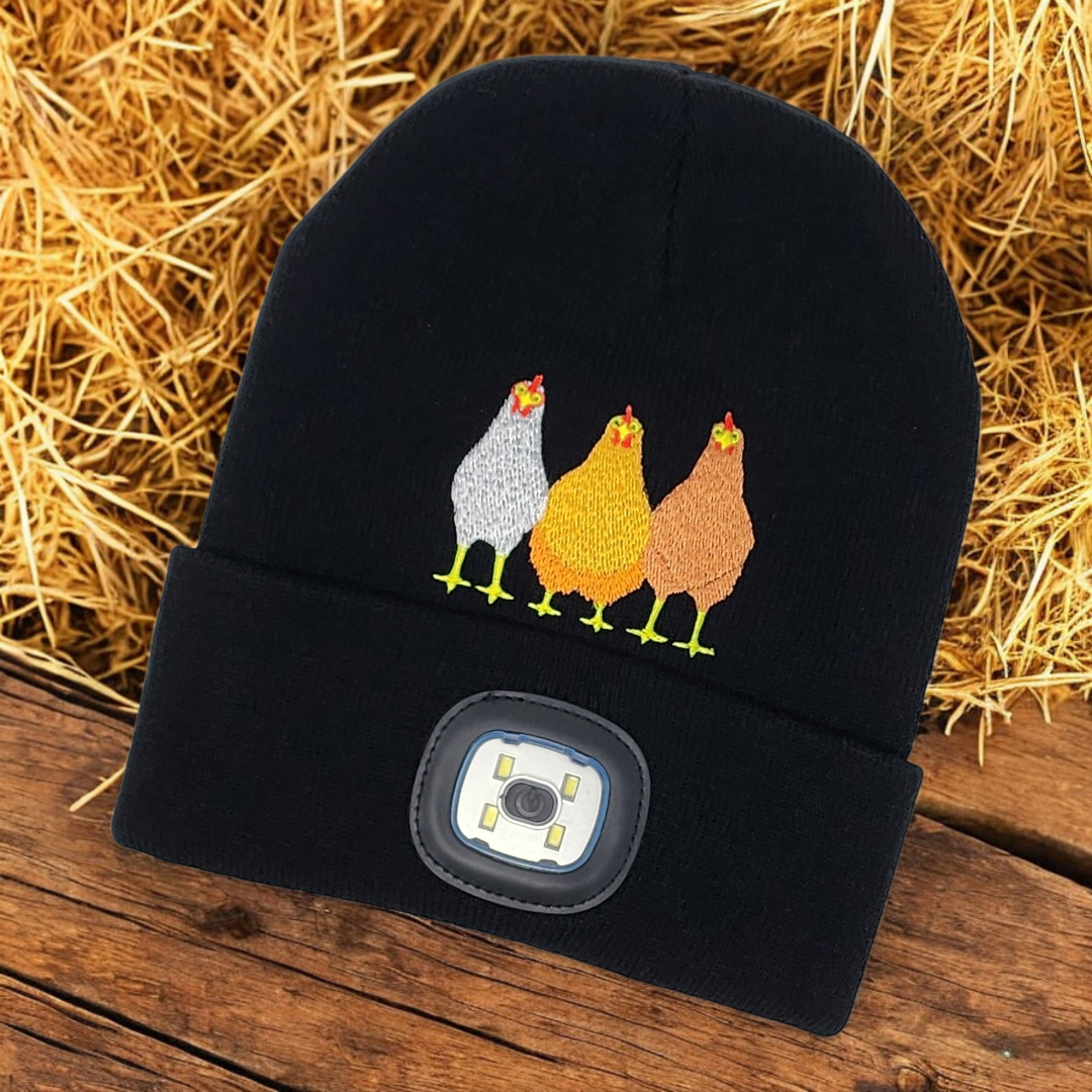 Embroidered Chickens Beanie with rechargeable light| Embroidered Hat | Camping | Walking | Hiking | Jogging | Night Shift