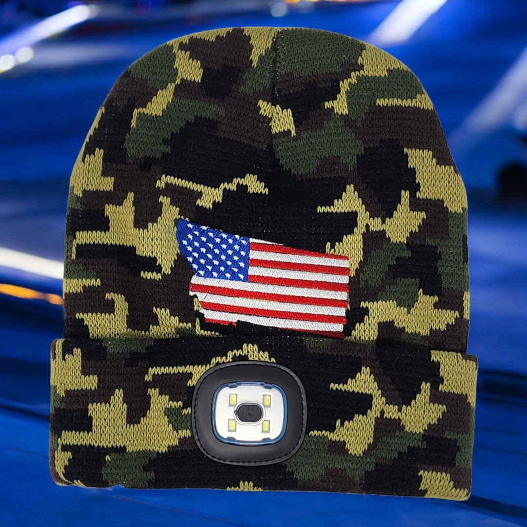Montana Flag Embroidered Beanie with rechargeable light| Embroidered Hat | Camping | Walking | Hiking | Jogging | Night Shift