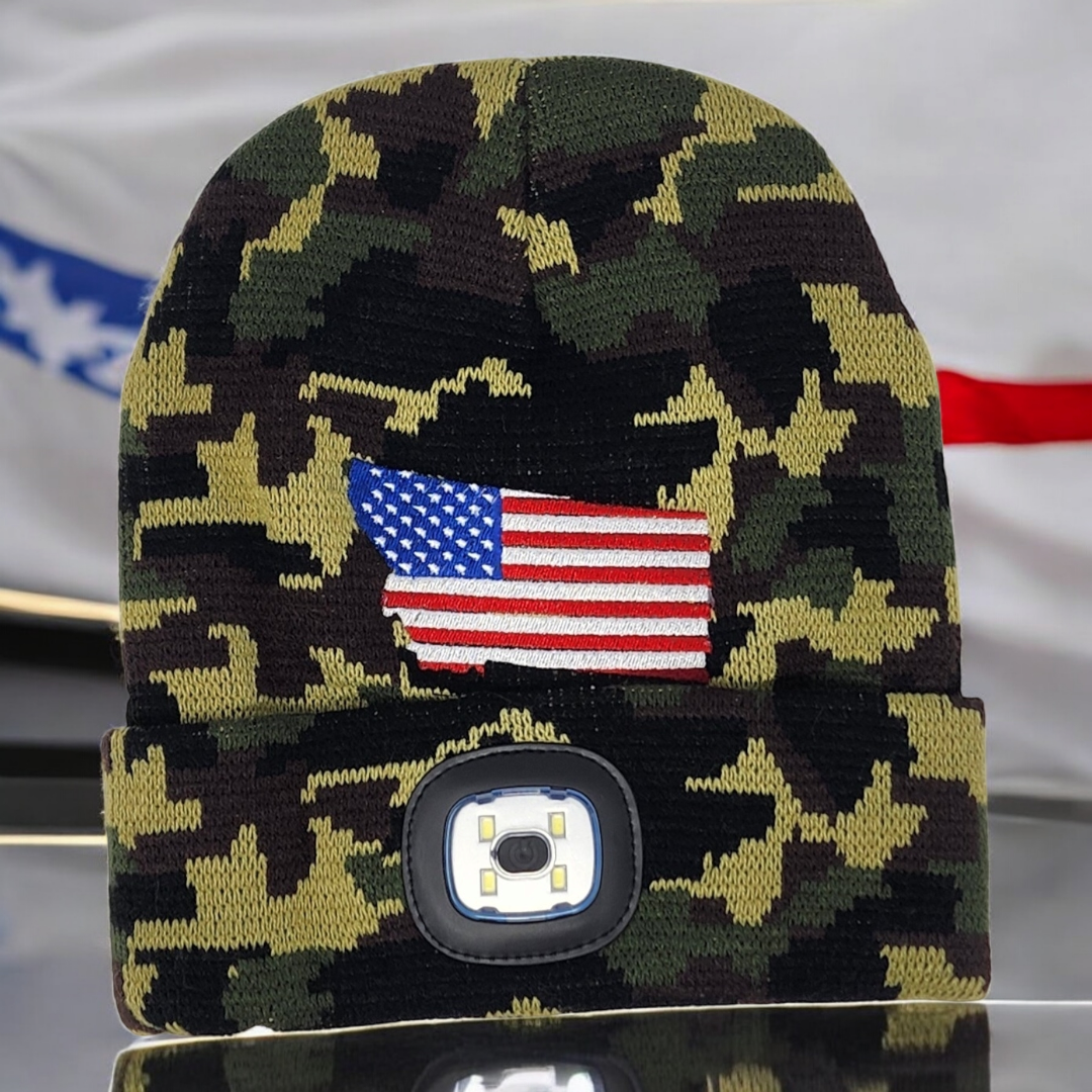 Montana Flag Embroidered Beanie with rechargeable light| Embroidered Hat | Camping | Walking | Hiking | Jogging | Night Shift