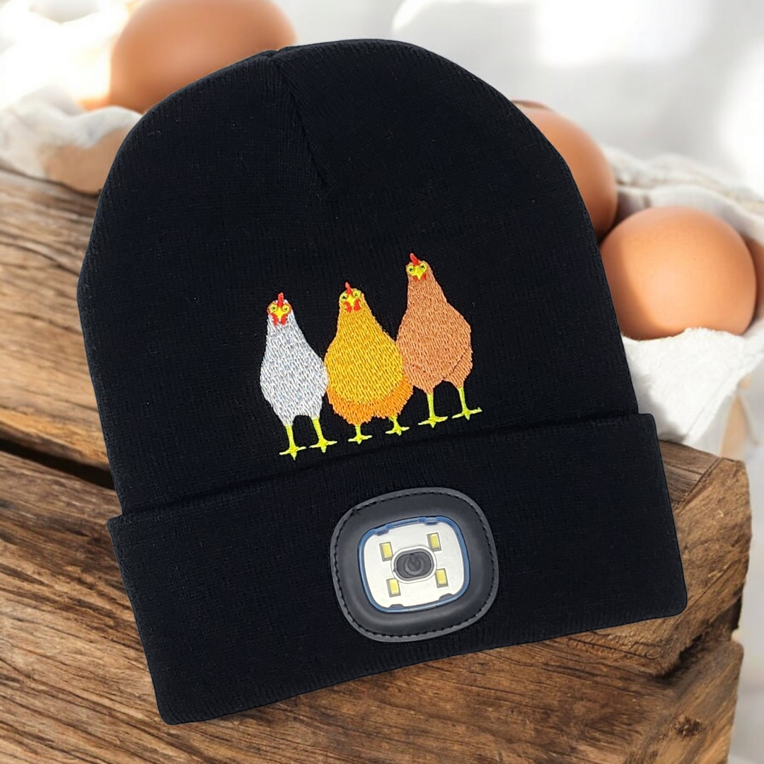Embroidered Chickens Beanie with rechargeable light| Embroidered Hat | Camping | Walking | Hiking | Jogging | Night Shift
