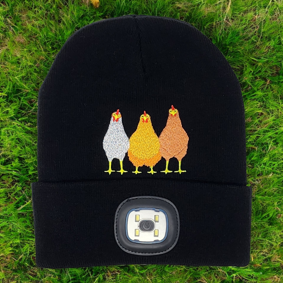 Embroidered Chickens Beanie with rechargeable light| Embroidered Hat | Camping | Walking | Hiking | Jogging | Night Shift