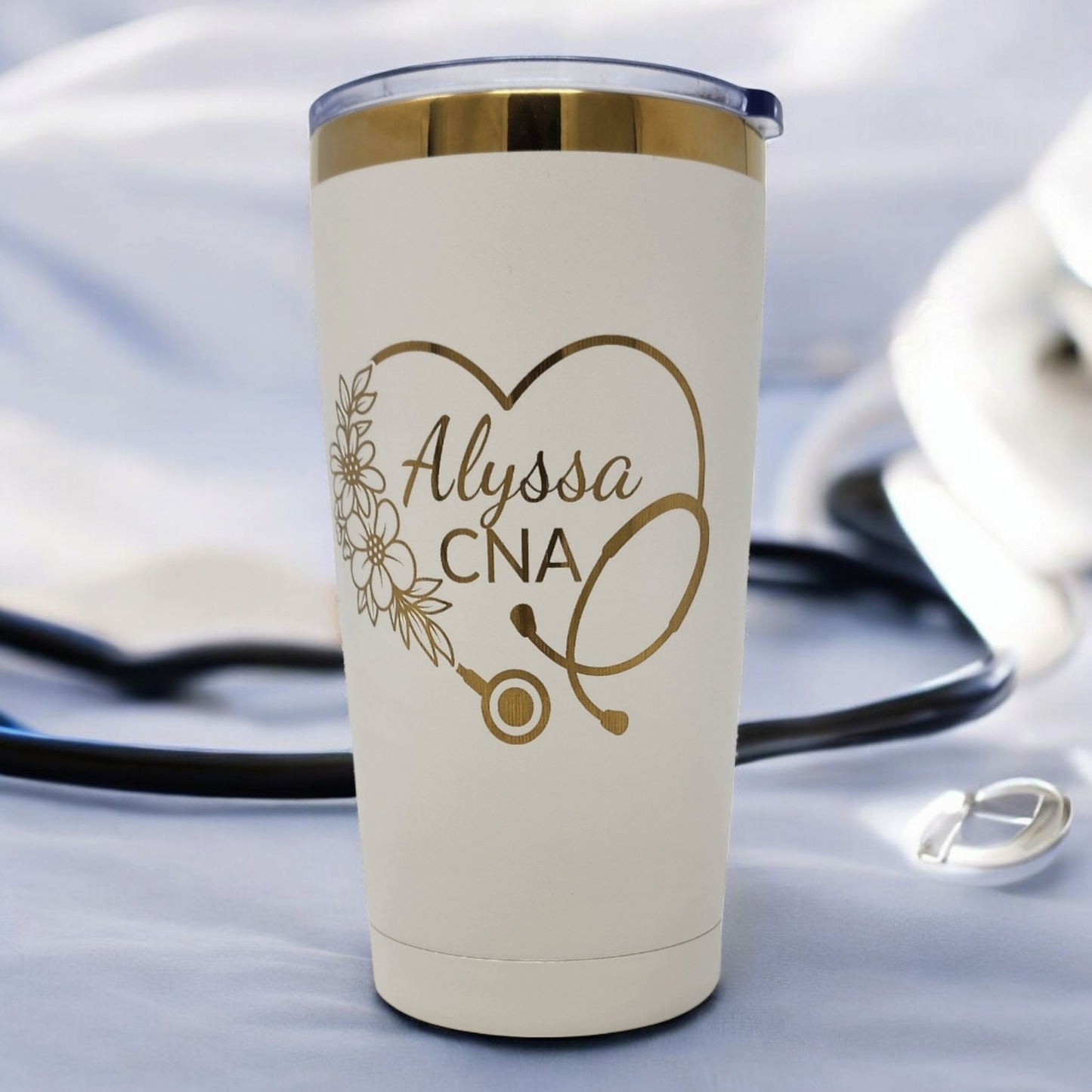 Personalized Nurse or CNA Tumbler Custom Gift Laser Engraved 20oz Black or White Gold Color Underlay Tumbler Unique Gift for Healthcare Worker