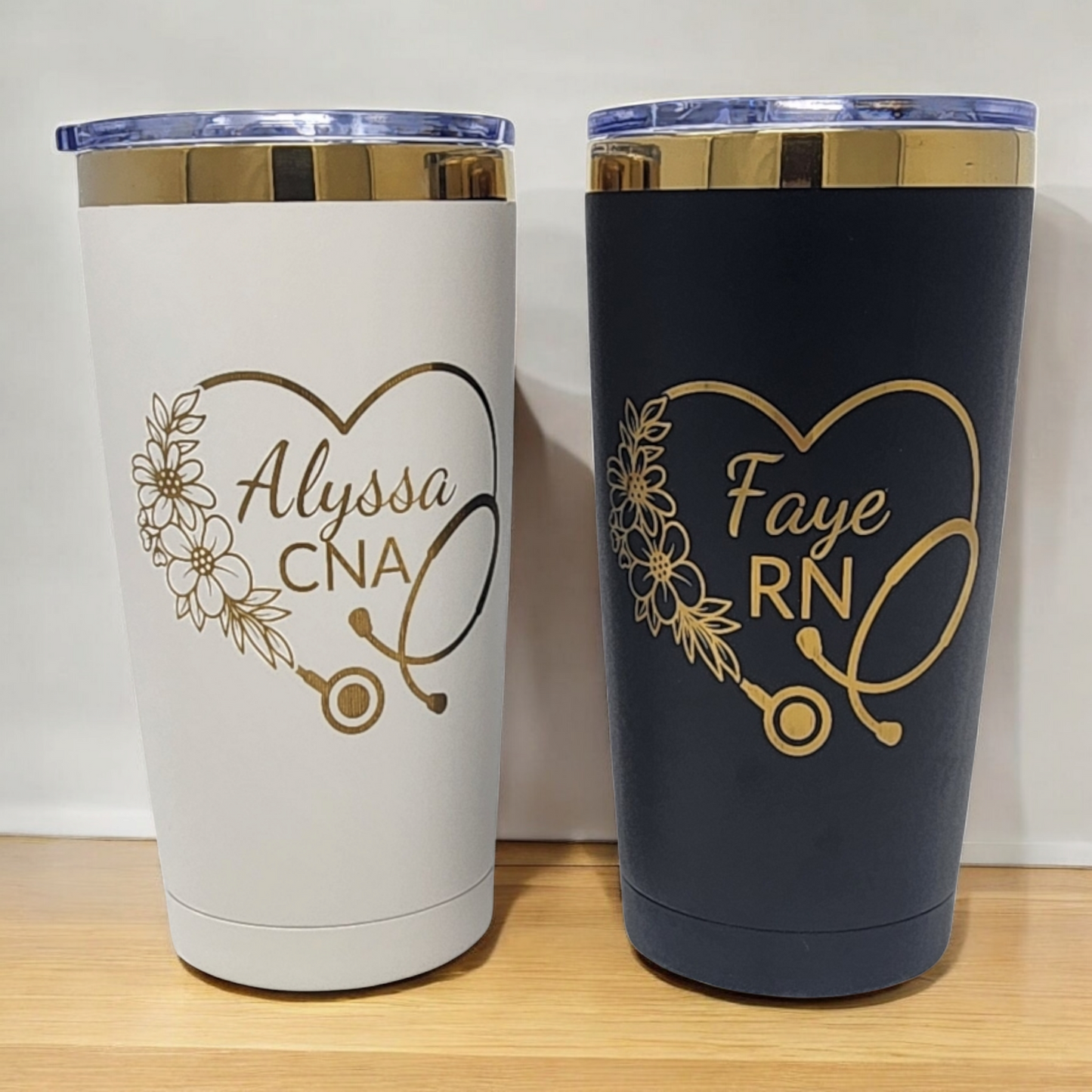 Personalized Nurse or CNA Tumbler Custom Gift Laser Engraved 20oz Black or White Gold Color Underlay Tumbler Unique Gift for Healthcare Worker
