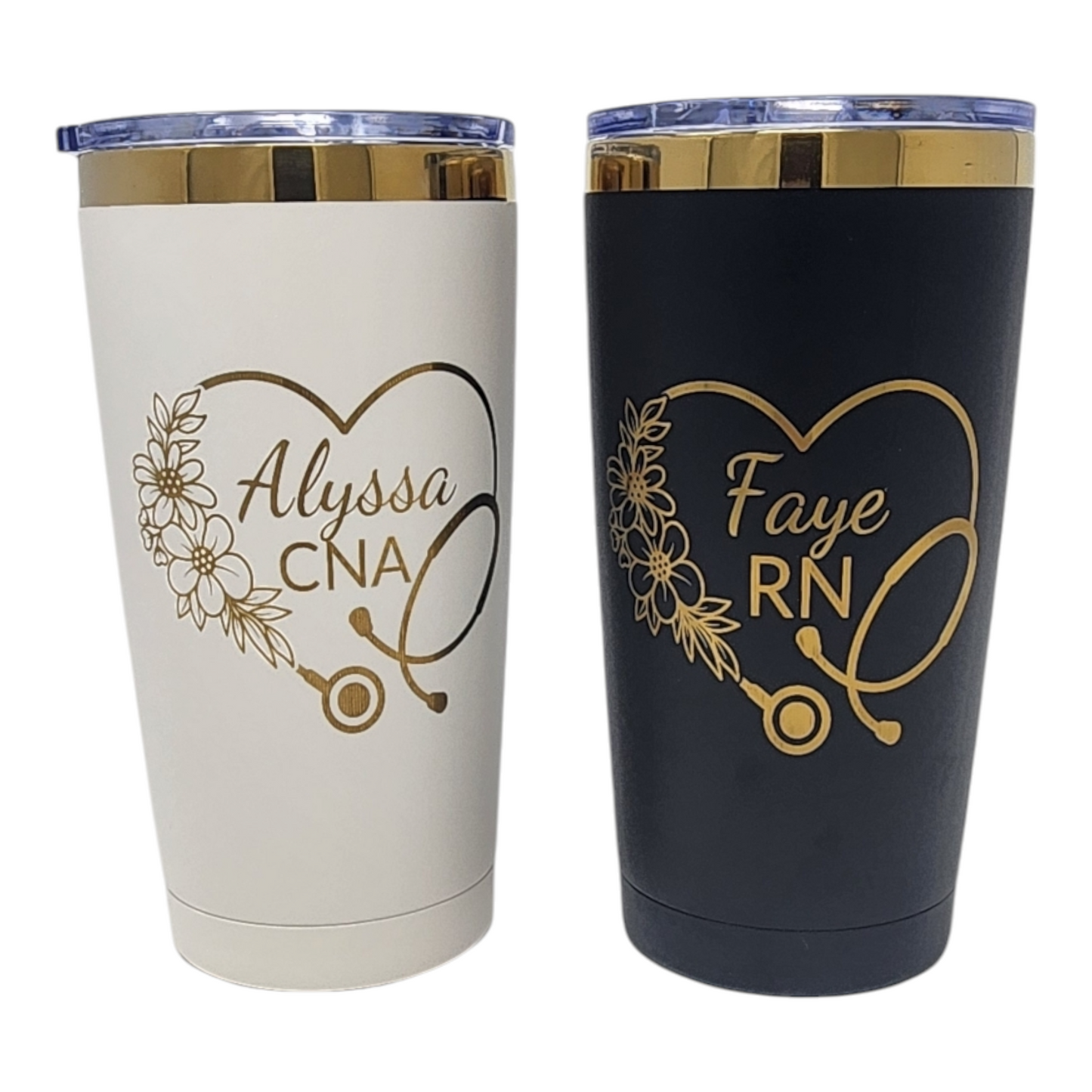 Personalized Nurse or CNA Tumbler Custom Gift Laser Engraved 20oz Black or White Gold Color Underlay Tumbler Unique Gift for Healthcare Worker