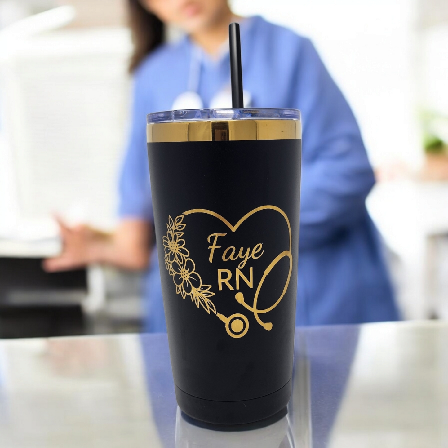 Personalized Nurse or CNA Tumbler Custom Gift Laser Engraved 20oz Black or White Gold Color Underlay Tumbler Unique Gift for Healthcare Worker