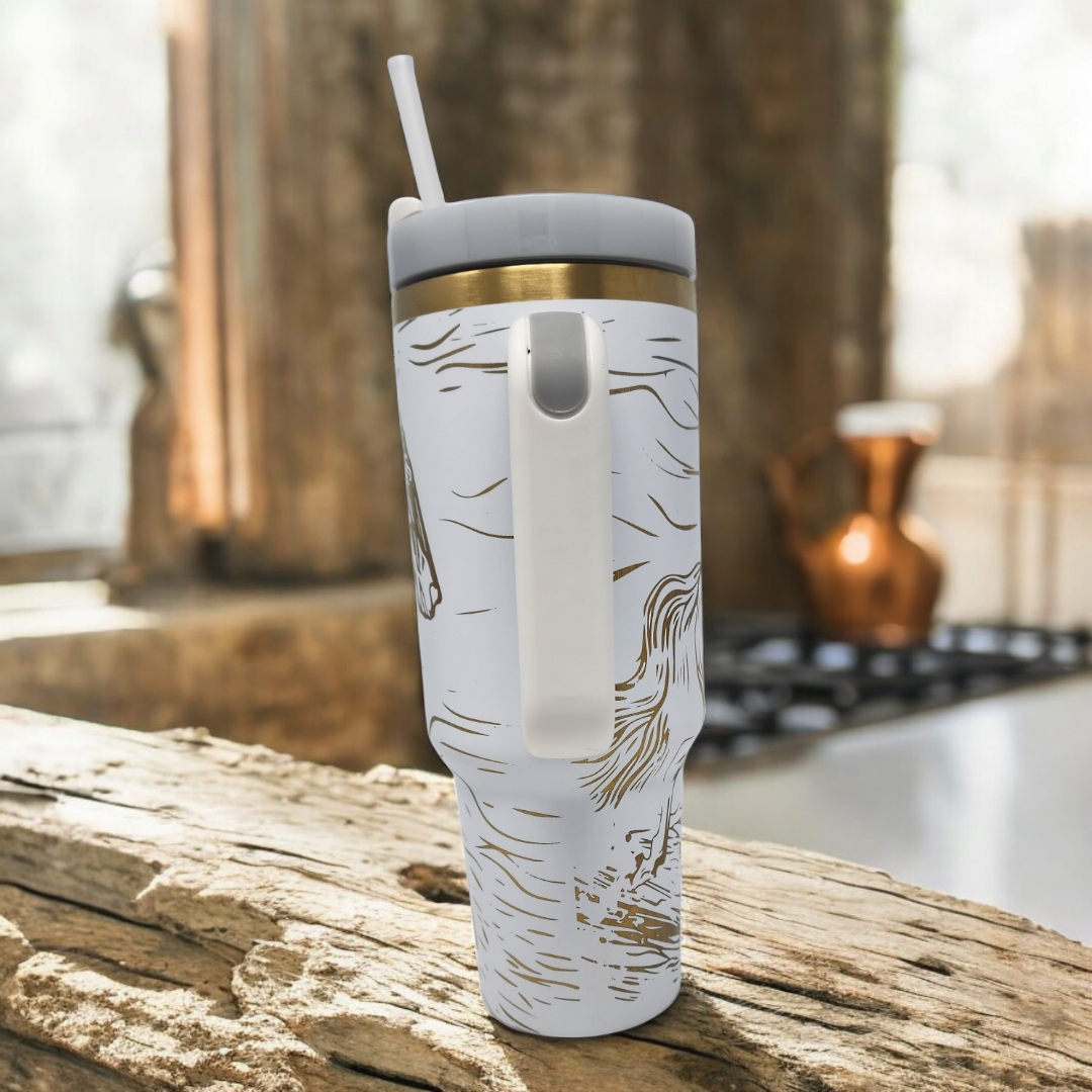 Horse Lovers Laser Engraved 40 oz Tumbler on White with Gold Underlay