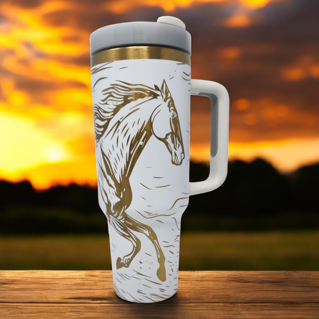 Horse Lovers Laser Engraved 40 oz Tumbler on White with Gold Underlay