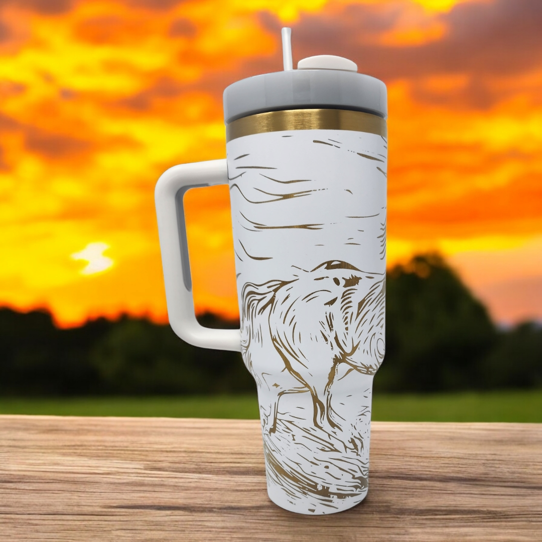 Horse Lovers Laser Engraved 40 oz Tumbler on White with Gold Underlay
