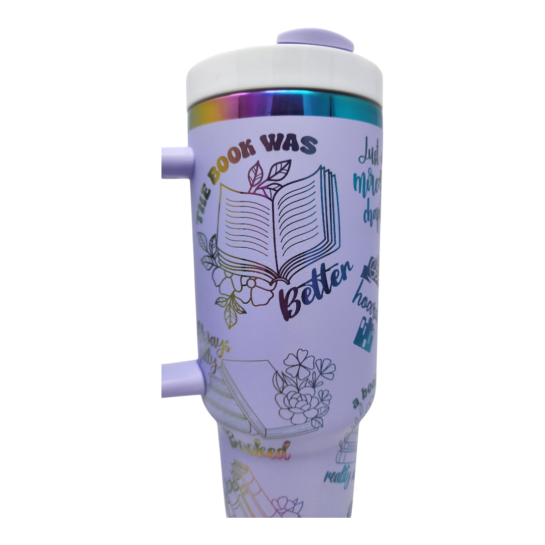 Book Lovers Laser Engraved 40 oz Tumbler Lavender with Rainbow Plating