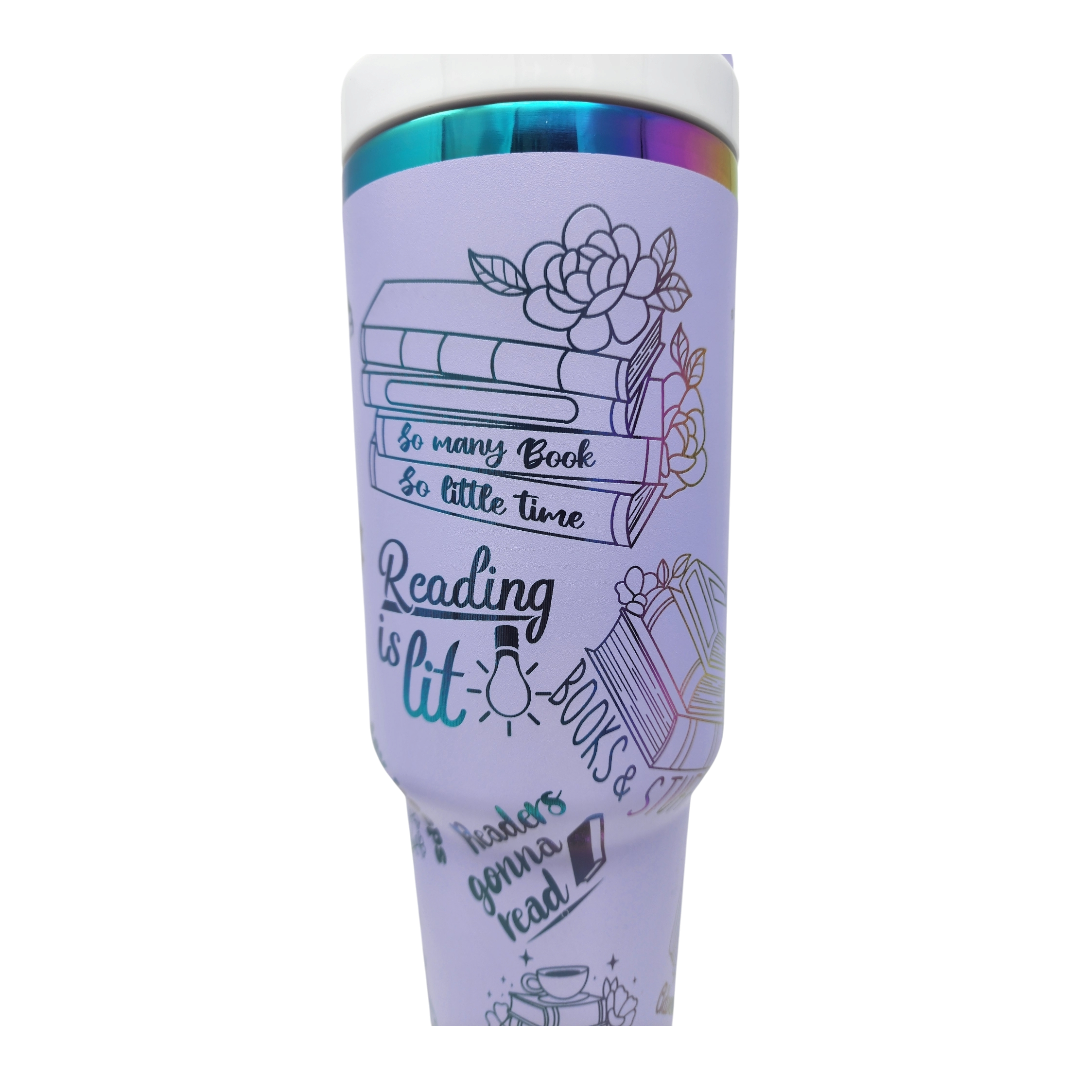 Book Lovers Laser Engraved 40 oz Tumbler Lavender with Rainbow Plating