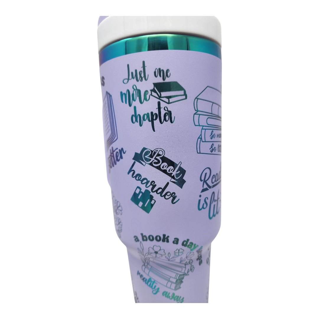 Book Lovers Laser Engraved 40 oz Tumbler Lavender with Rainbow Plating