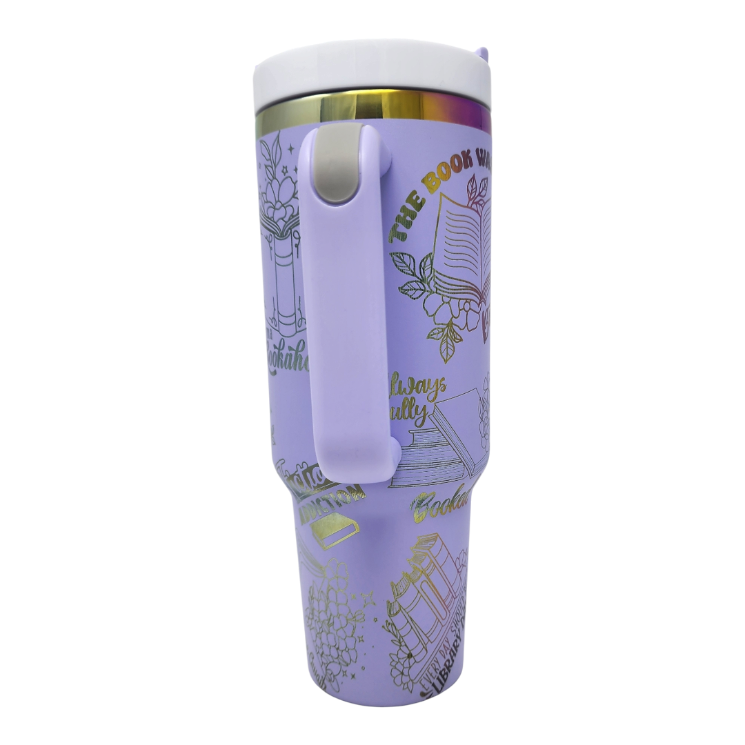 Book Lovers Laser Engraved 40 oz Tumbler Lavender with Rainbow Plating