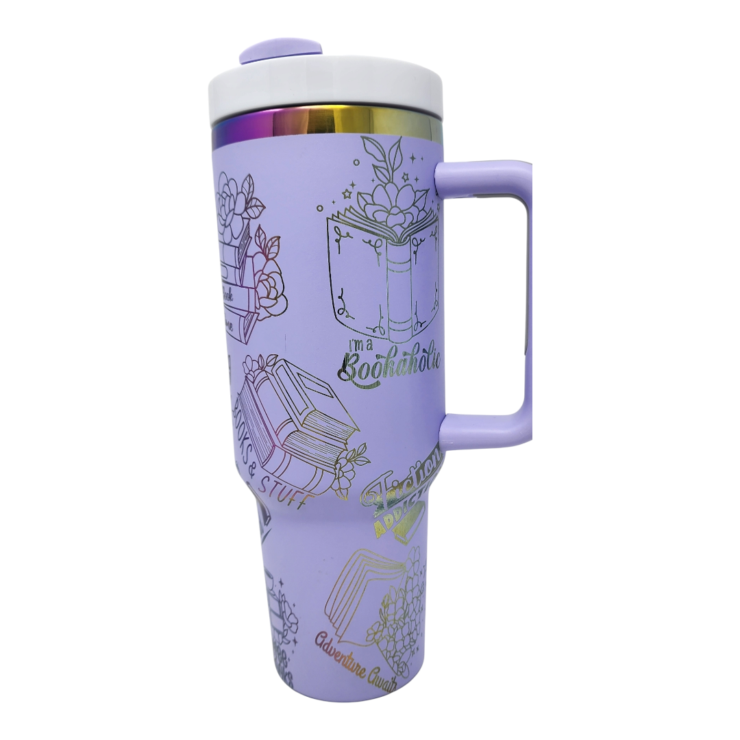Book Lovers Laser Engraved 40 oz Tumbler Lavender with Rainbow Plating