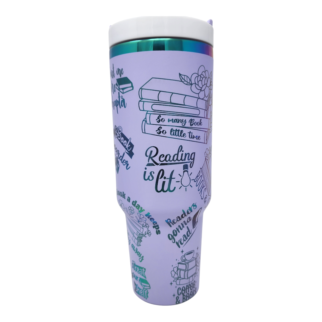Book Lovers Laser Engraved 40 oz Tumbler Lavender with Rainbow Plating