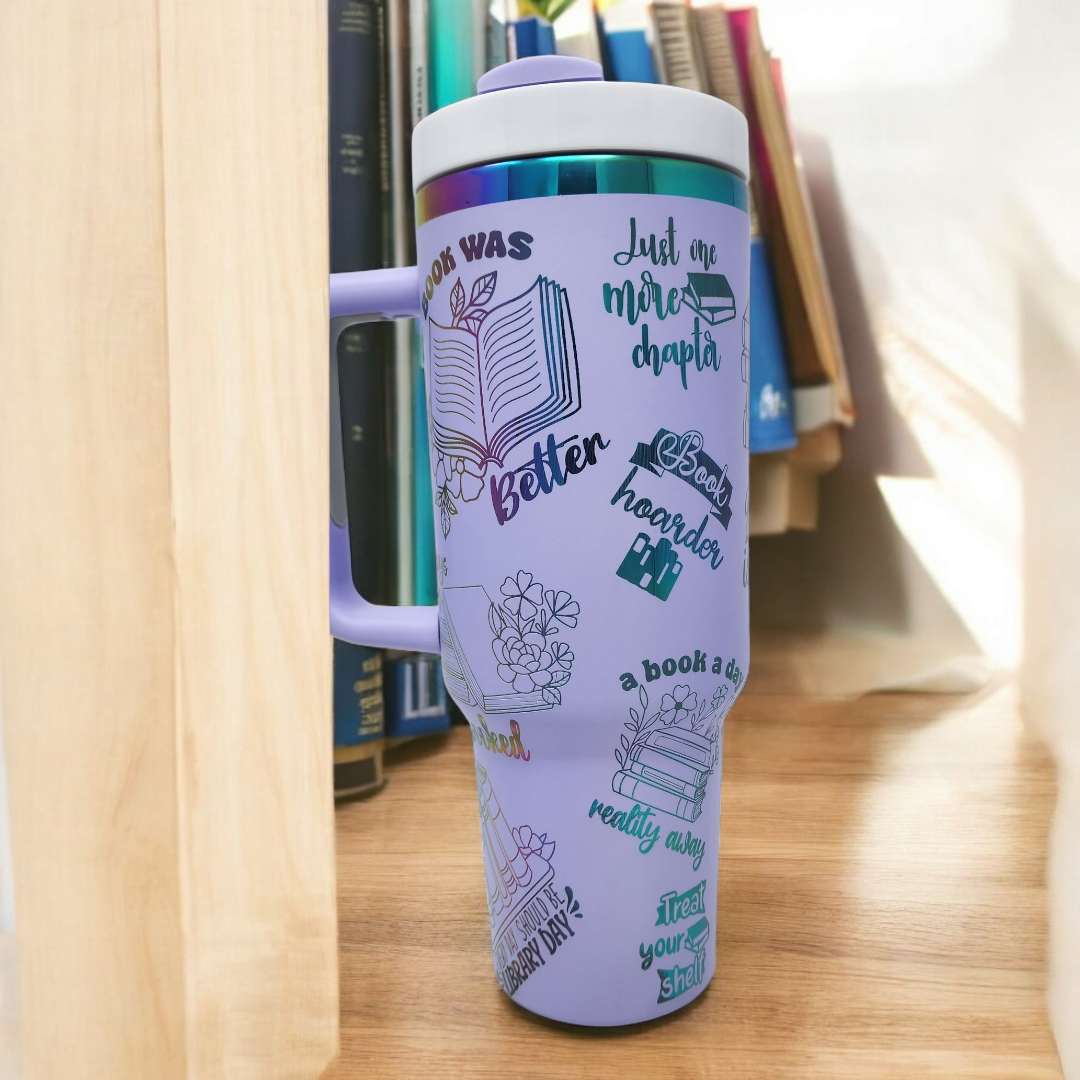 Book Lovers Laser Engraved 40 oz Tumbler Lavender with Rainbow Plating