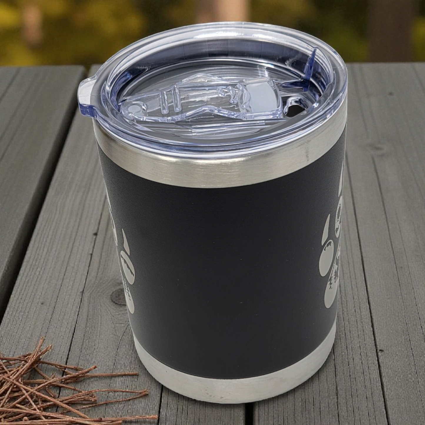 Laser Engraved 10oz Lowball Tumbler – Double-Sided Mountain Bear Paw Design