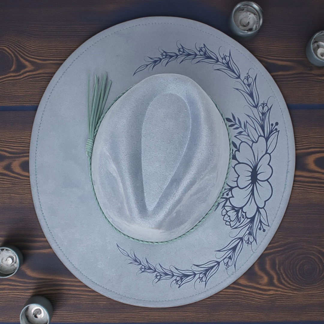 Bluebell Vegan Suede Wide Brim Hat - Laser Engraved Floral Boho