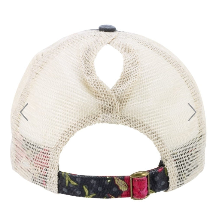 Montana Glamma Black/Floral/Khaki Ponytail Cap with Gold/Black Laser Engraved Patch