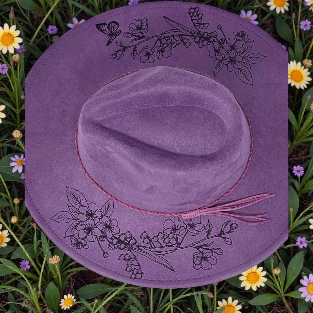 Laser Engraved Vegan Suede Wide Brim Hat – Boho Western Floral Engraving