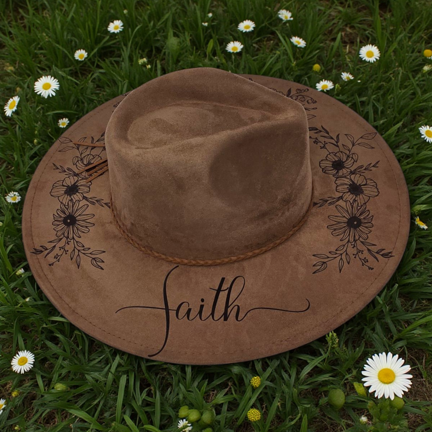 Vegan Suede Floral Dark Chestnut Rancher Style Cowboy Hat Wide Flat Brim