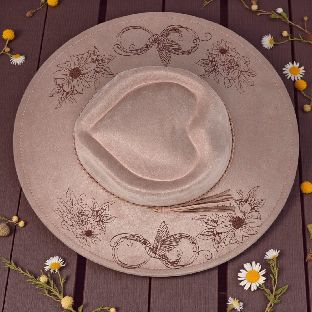 Dusty Pink Laser Engraved Vegan Suede Wide-Brim Hat – Heart Crown • Hummingbird & Floral Design