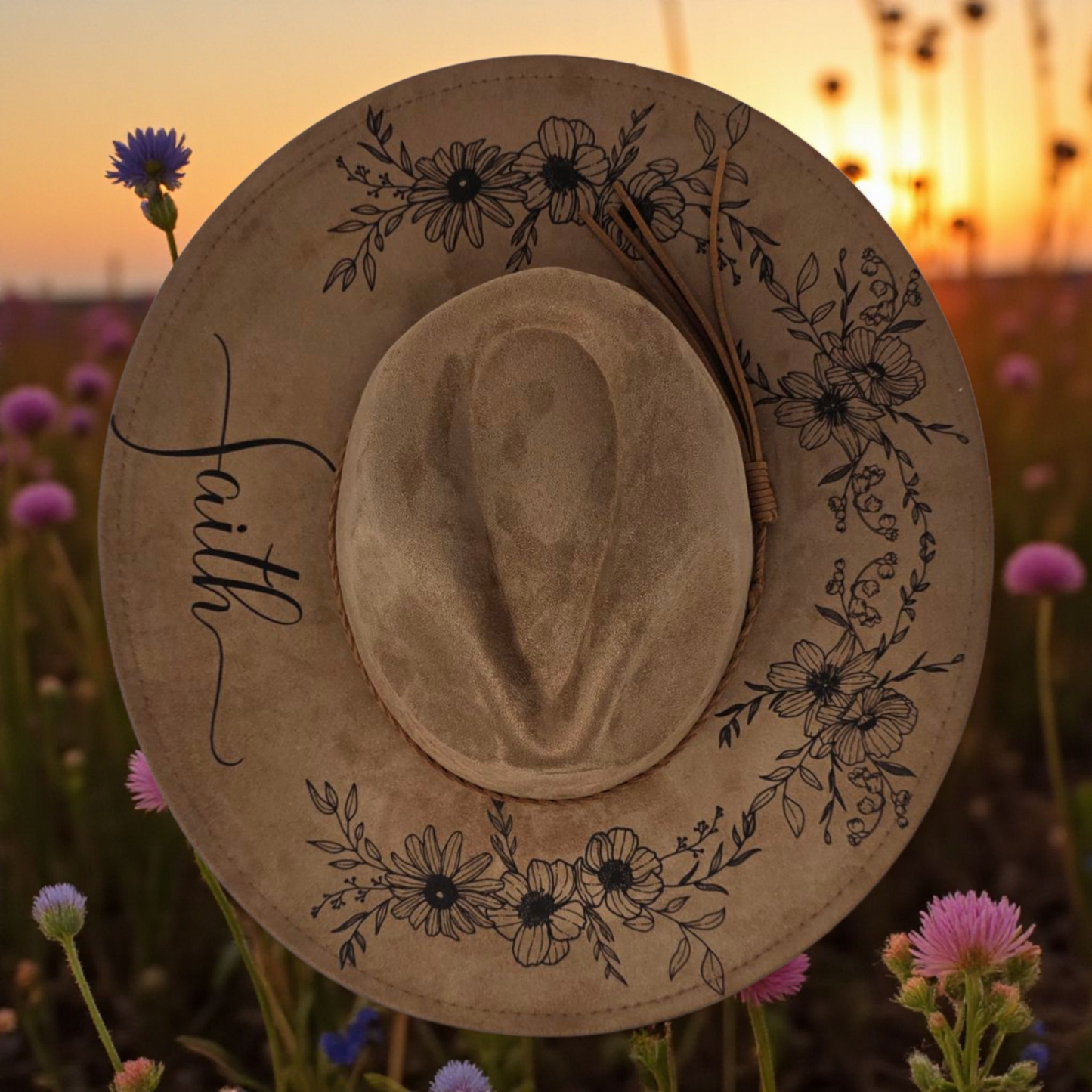 Vegan Suede Floral Dark Chestnut Rancher Style Cowboy Hat Wide Flat Brim