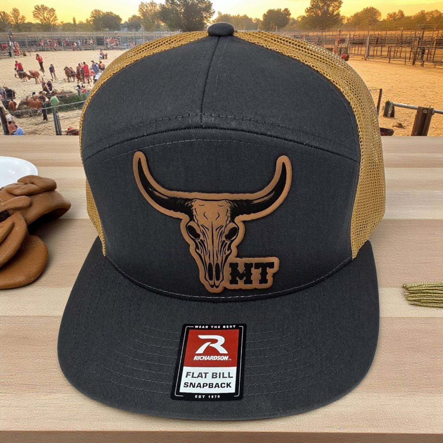 Western Richardson Flat Bill Snapback – Laser Engraved Cow Skull