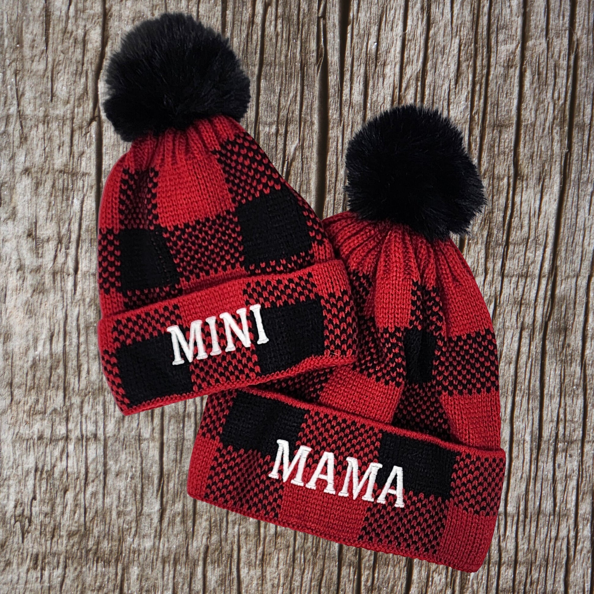 Mama/Dada/Mini Matching Red Buffalo Plaid Beanies | Personalized Embroidery | Unique gift | Mom | Dad | Son | Daughter