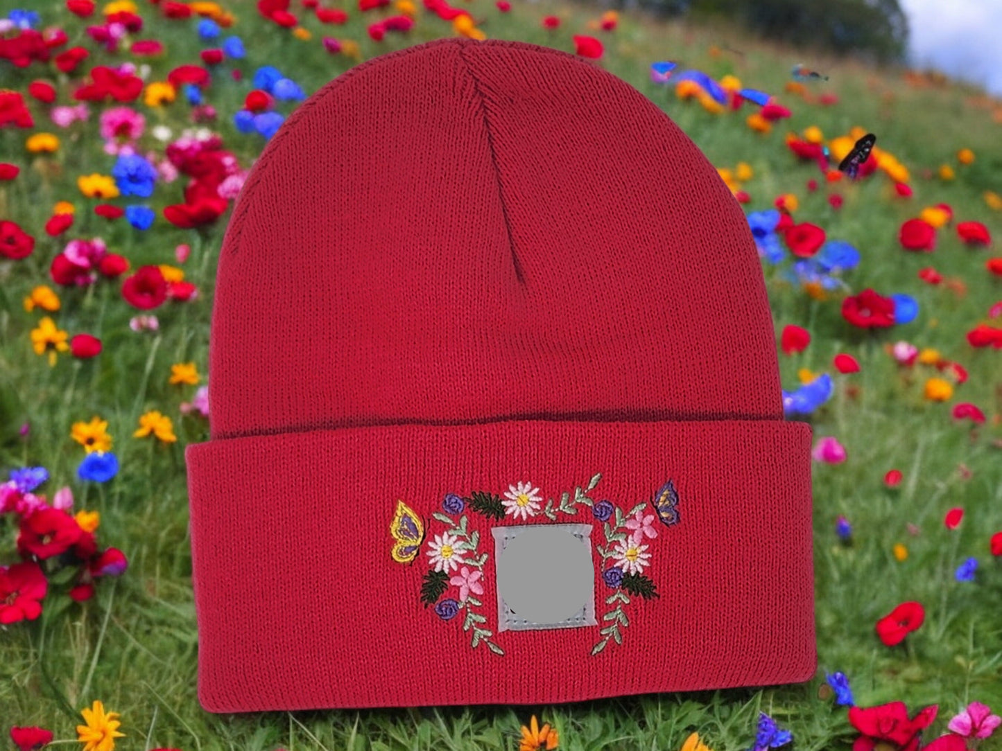CHILD Size Beanie with Embroidered Flowers and Butterfies Unique Embroidered Child Winter Hat Girl Grade School