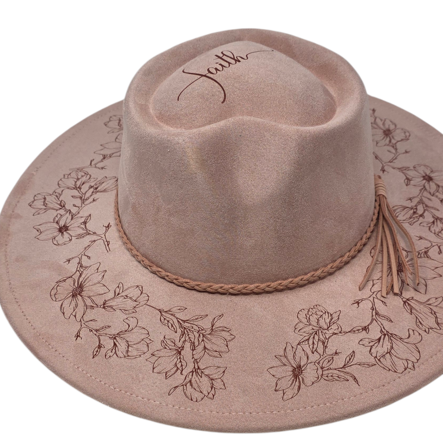 Dusty Pink Vegan Suede Wide Brim Hat - Laser Engraved Magnolia