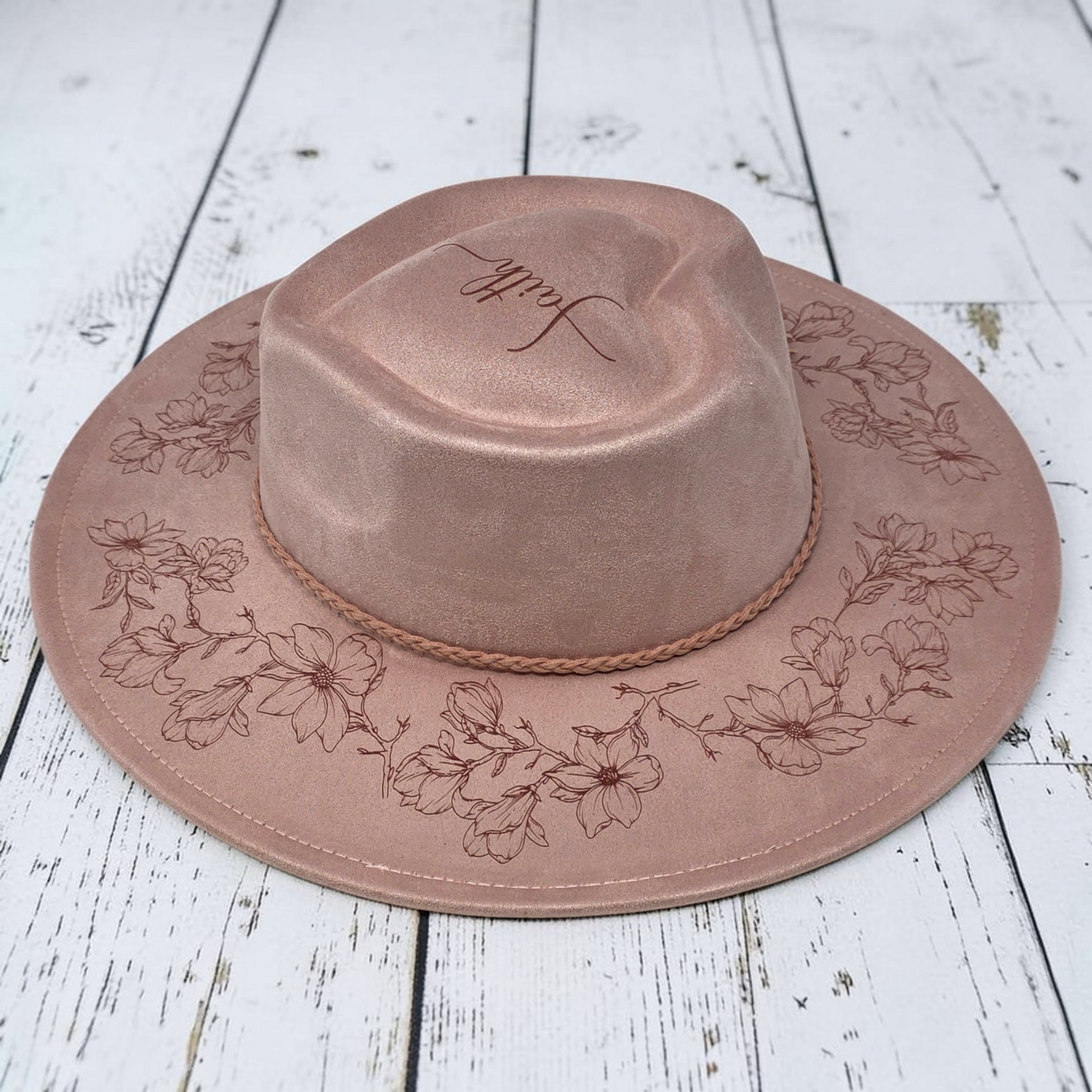 Dusty Pink Vegan Suede Wide Brim Hat - Laser Engraved Magnolia