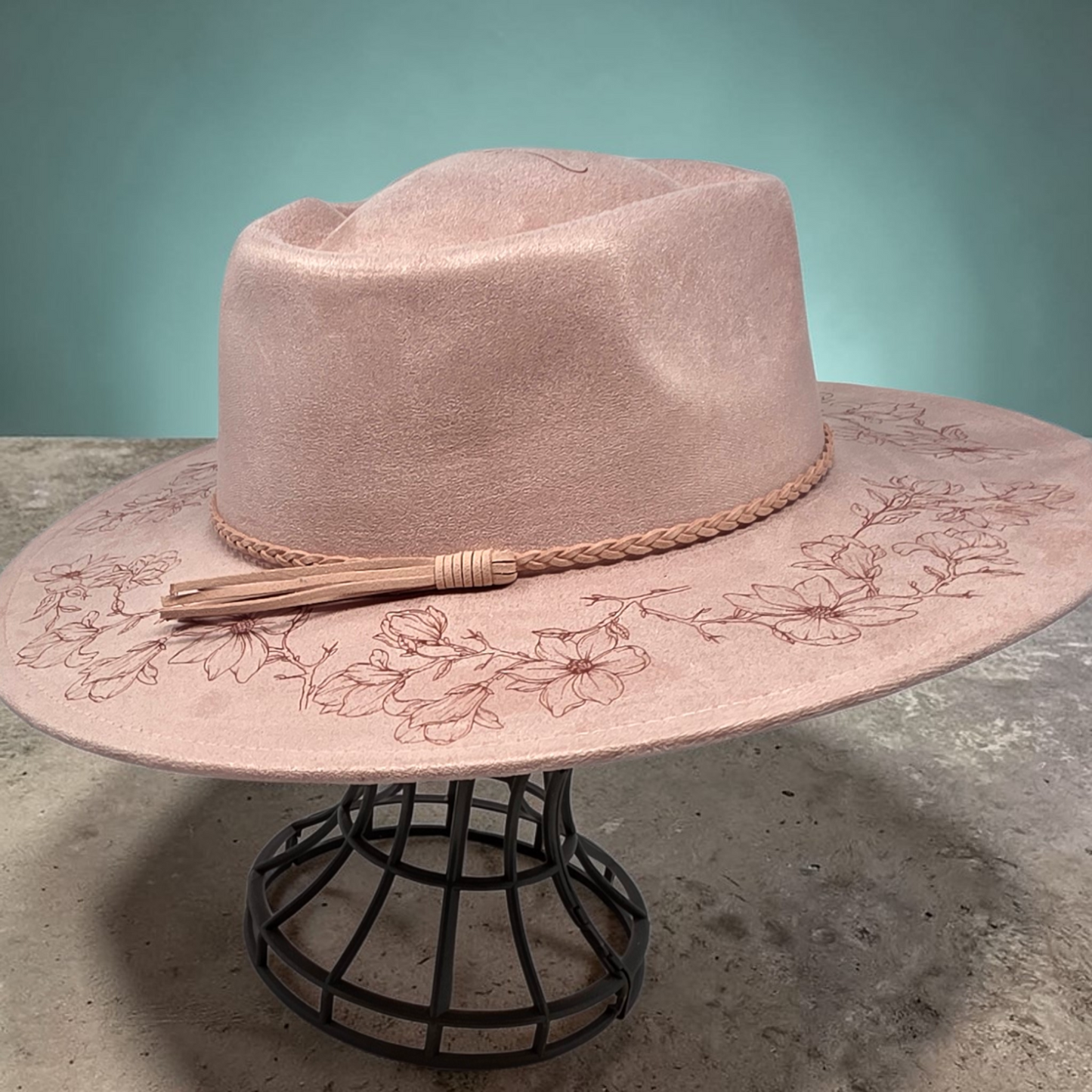 Dusty Pink Vegan Suede Wide Brim Hat - Laser Engraved Magnolia